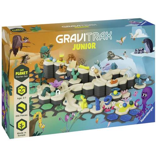 Spielzeugbox-Abbildung: GraviTrax Junior-Set mit Figuren und Spielbahn-Elementen. Empfohlen für Kinder im Alter von 3-7 Jahren. Made in Europe.